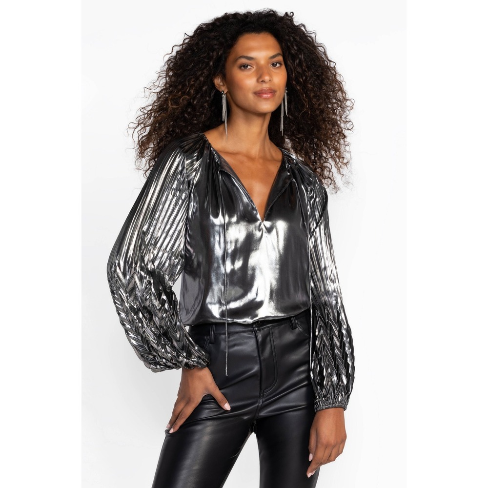 NWT Johnny Was Womens Silver Gemma Pleated Blouse Liquid Metallic Glam Top 1X